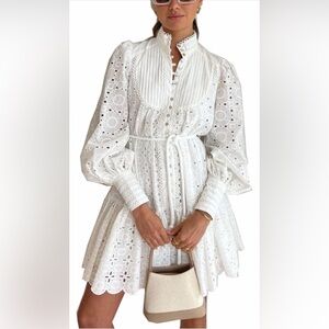 NWT Elegant White Eyelet Long Sleeve Button Down Dress A-Line Embroidery Summer
